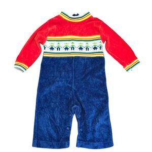 Vintage BabyGro 12M Red & Blue Velour Romper With Rainbow Stripes & Dutch People
